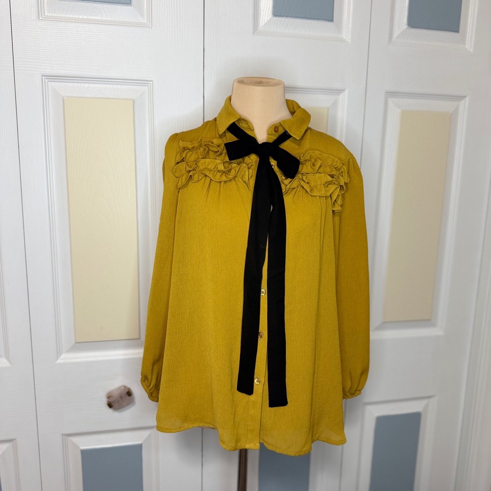 Crescent & Willough Mustard Yellow Ruffle Bow Blouse C998A-001 Medium